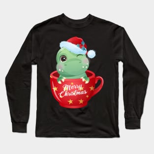 Cute Christmas T Rex Dinosaur In A Cup Long Sleeve T-Shirt